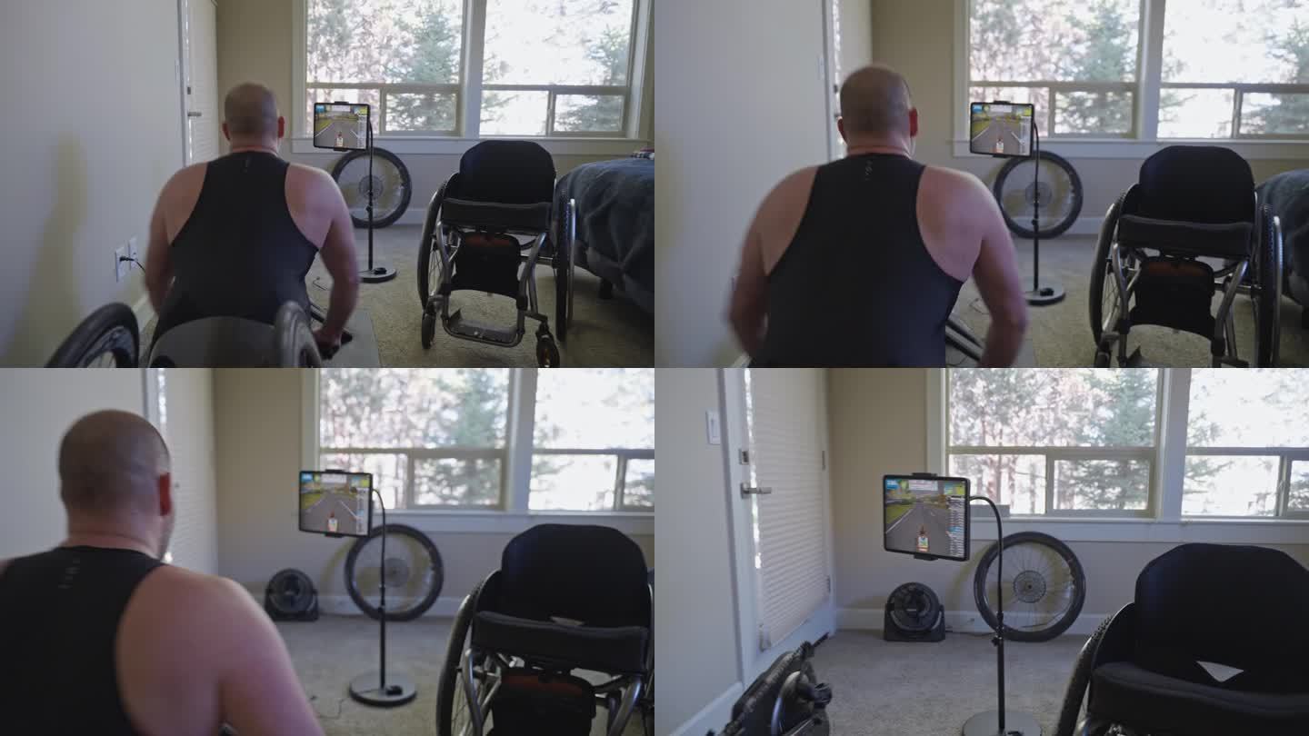 适应性运动员在家庭健身房参加虚拟课程