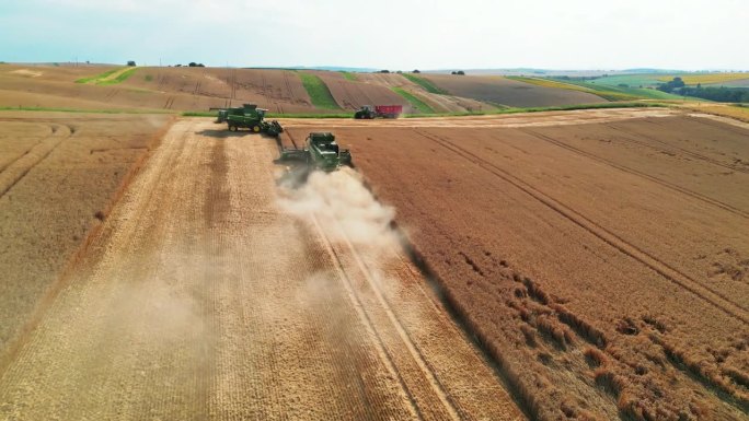 空中收获交响曲:俯瞰摩拉维亚地区金色田野里收割小麦的农民