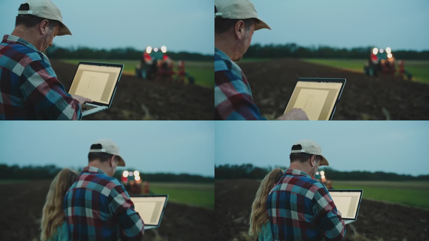 站在有机农场边用笔记本电脑工作的男女农学家