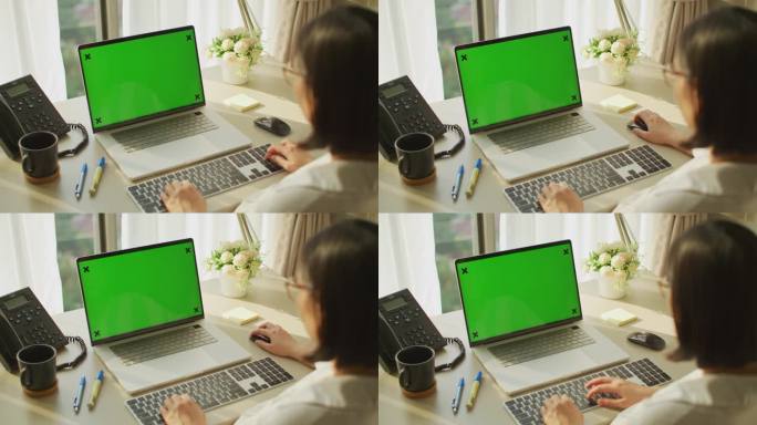 妇女使用笔记本电脑与绿色屏幕显示，色度键
