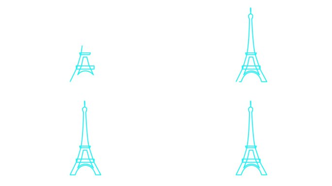 绘制了蓝色的埃菲尔铁塔动画。法国的线形符号。毛圈的视频。巴黎的概念，旅行，旅行，建设，旅程。线矢量插