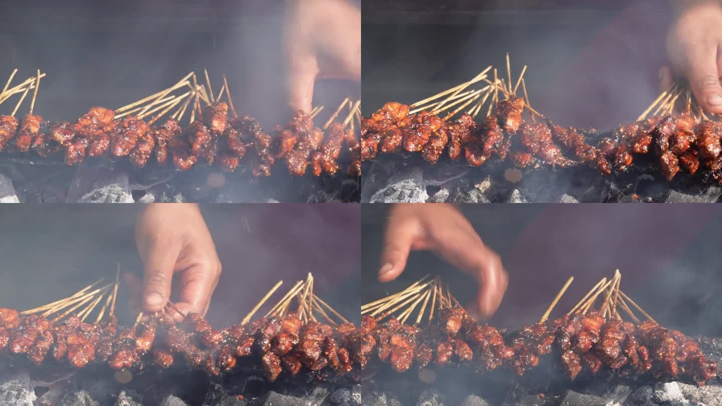 印尼人用炭火烤沙爹鸡