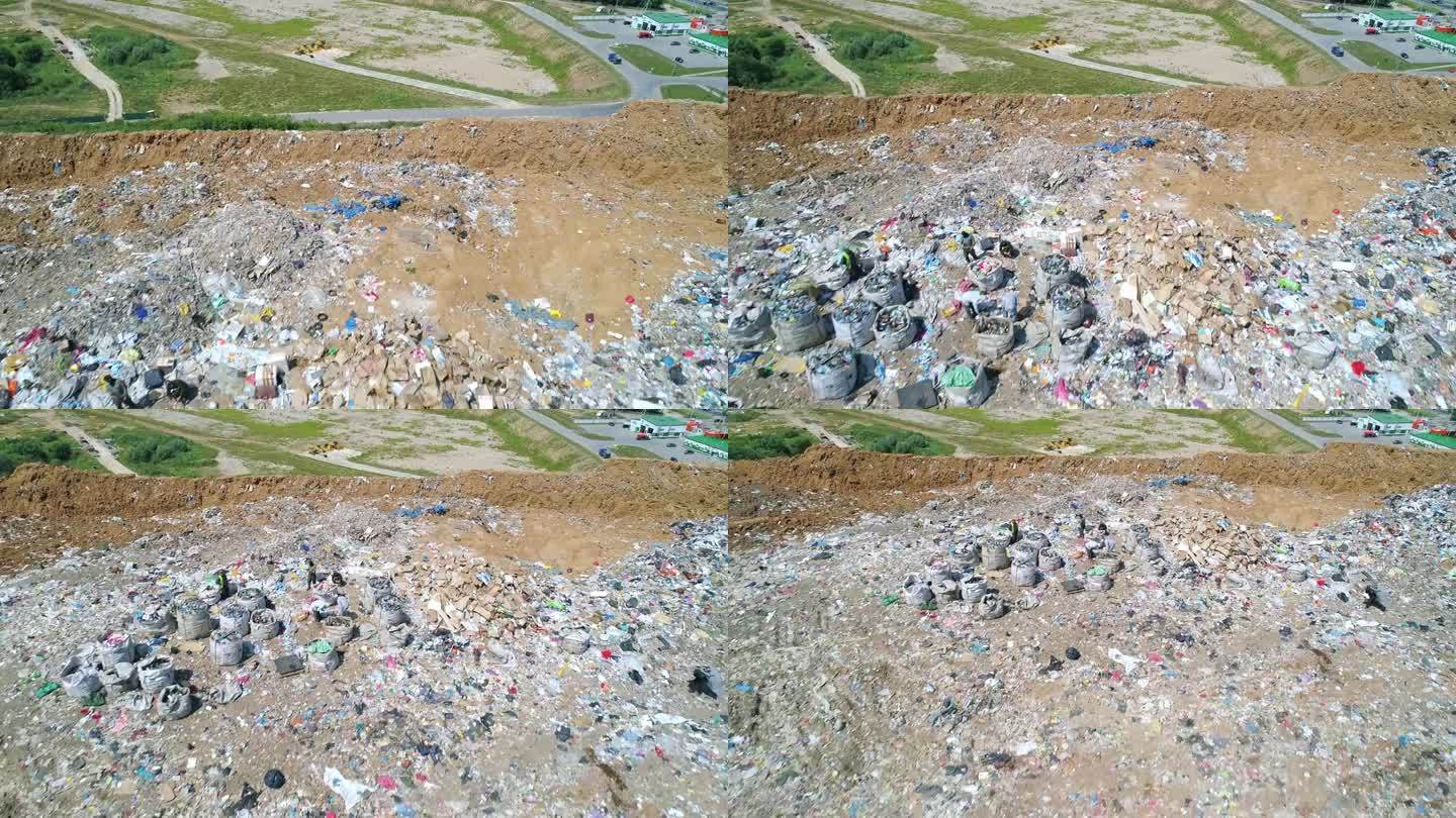 鸟瞰图大型垃圾填埋场、垃圾场。成群的鸟在垃圾堆上空盘旋。生态问题，自然污染。污染和过度消费的观念。