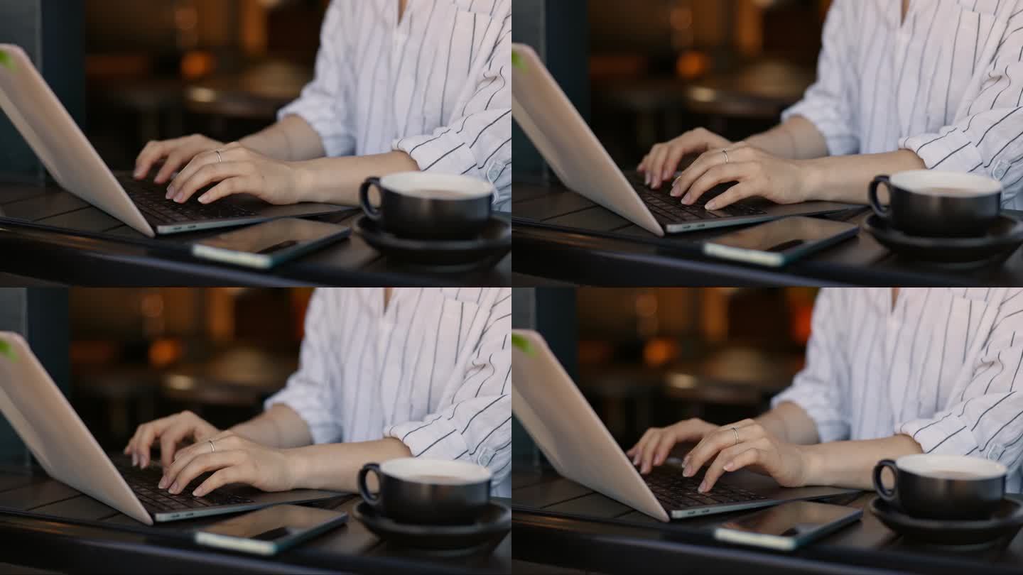 手，打字，咖啡用笔记本电脑，远程工作，忙于工作，在线创意和互联网。技术，咖啡和自由职业的企业家，文案