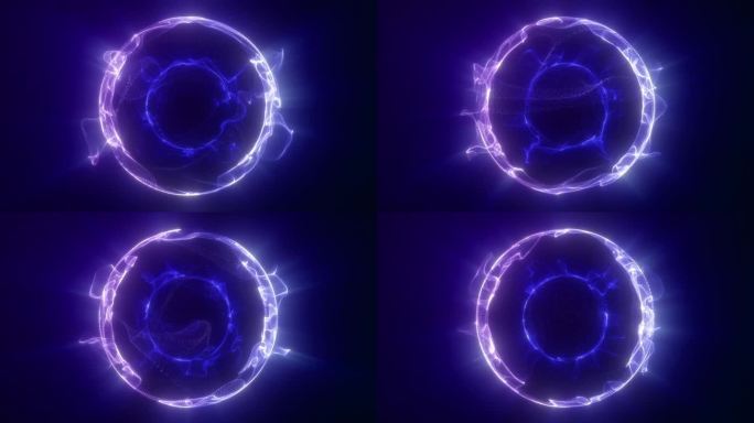 蓝色氖球在黑色上发射能量。原子切片，紫蓝白光;光圈。科学背景，磷元素。纳米球，4K, 60fps, 