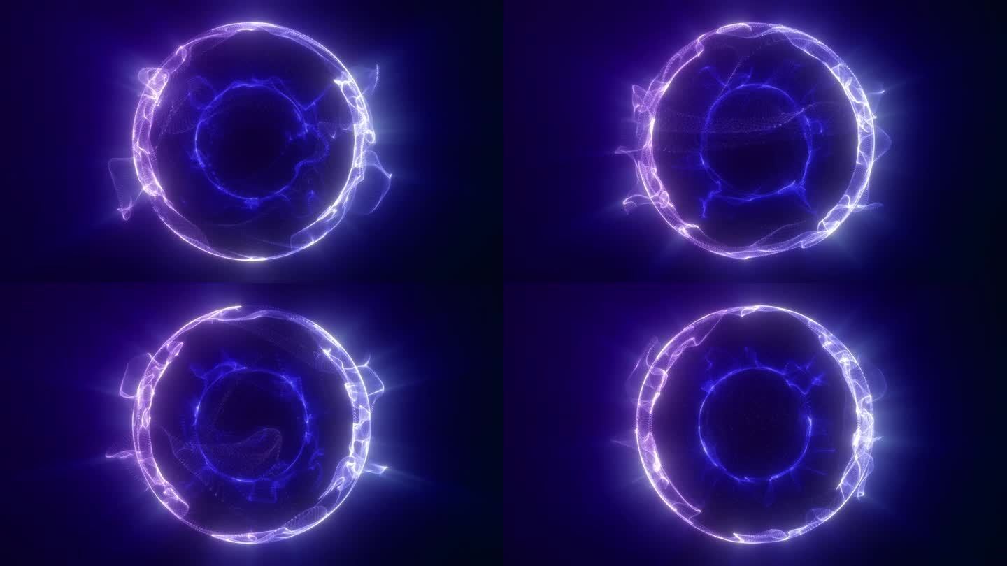 蓝色氖球在黑色上发射能量。原子切片，紫蓝白光;光圈。科学背景，磷元素。纳米球，4K, 60fps, 