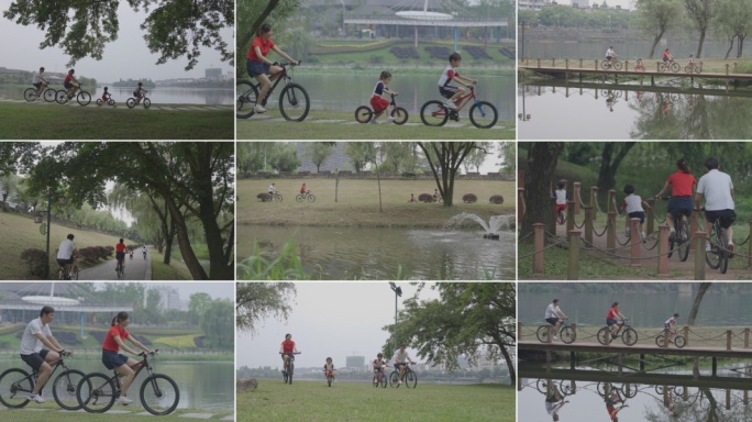 幸福家庭户外骑自行车郊外开心踩自行车游玩