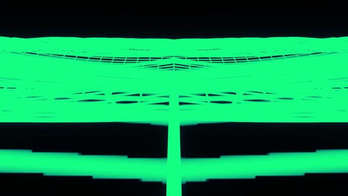合成波绿色线框网黑色背景未来主义背景3d插图渲染无缝循环。4 k决议。网格