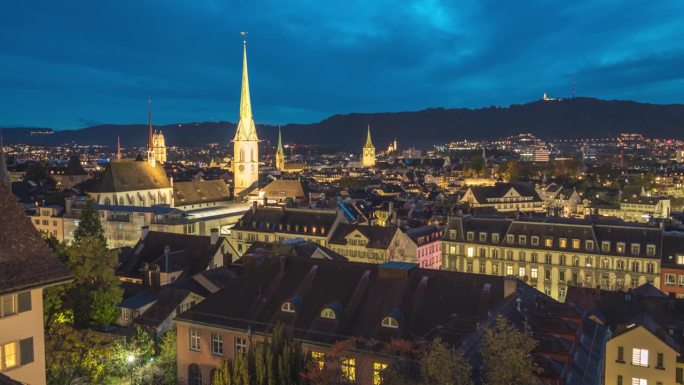 瑞士苏黎世延时，高角度观看昼夜城市天际线