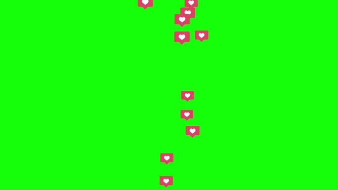 漂浮的图标与红色的心在绿色的屏幕背景上的社交网络。动画背景。像信号。