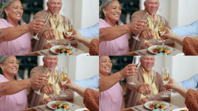 一家人，手牵手，举杯共饮香槟，庆祝或快乐的父母在餐桌上度过感恩节。男人，女人和汽酒致敬，欢呼和微笑一
