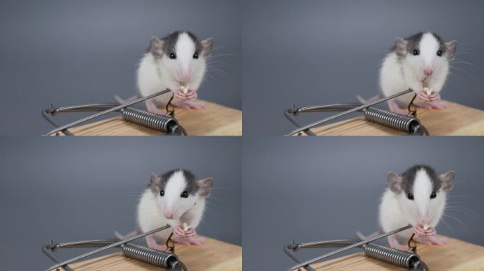 一只哈士奇色的小老鼠正在吃捕鼠器里的食物。灰色背景上的啮齿动物。在家捉害虫
