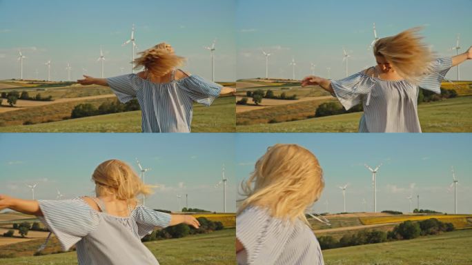 《与风共舞:女人在风力涡轮机中精神抖擞地旋转