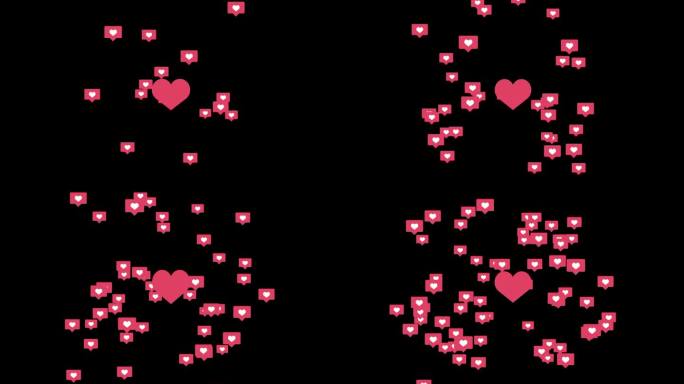 红心与飞行小图标的社交网络在黑色背景。动画覆盖背景。像信号。