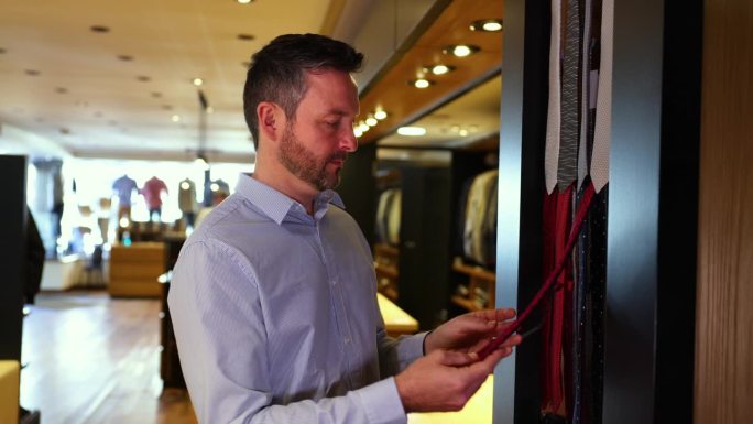 一名男性顾客在一家男装店观看奢侈品领带的零售展示