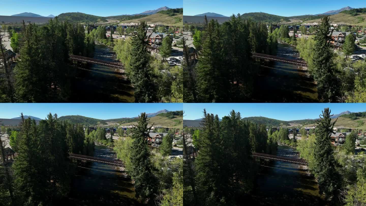 科罗拉多州的夏天在落基山小镇空中无人机电影银索恩市中心桥钓鱼蓝河湖狄龙绿山水库飞钓鱼天堂慢慢下降运动