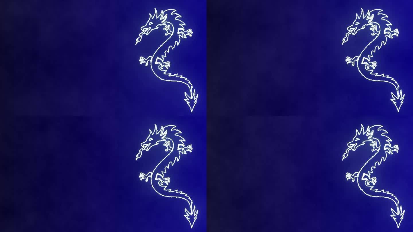 在渐变的蓝色背景上发光的白龙。中国新年龙动画与自由的空间在右边。