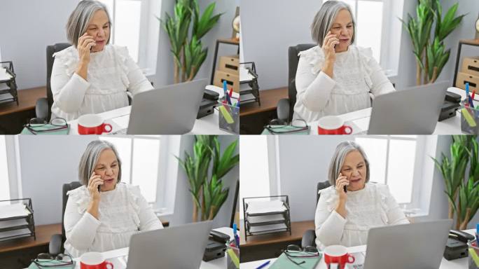 Senior woman conversing on phone at desk with lapt