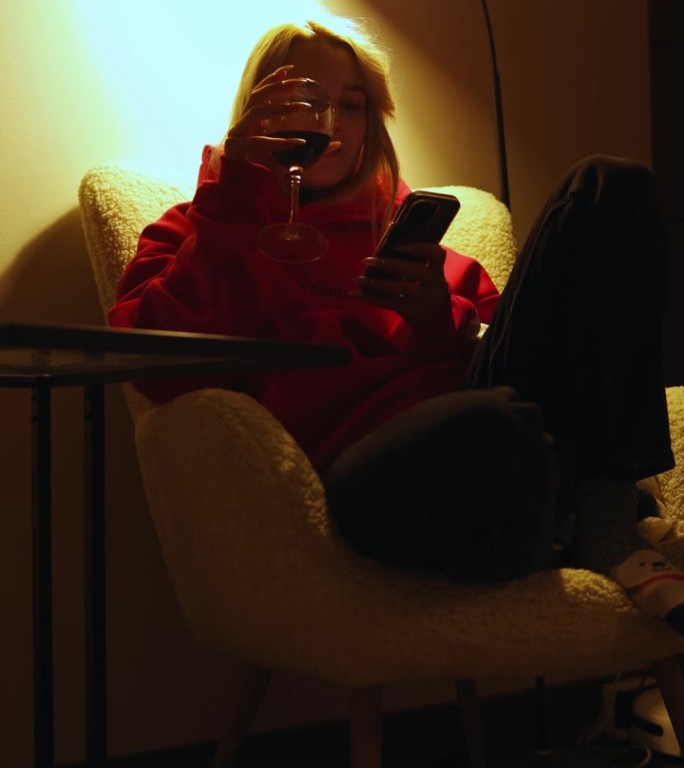 晚上，一个穿着红毛衣的漂亮女孩坐在落地灯下的椅子上，喝着酒，看着手机。垂直视频