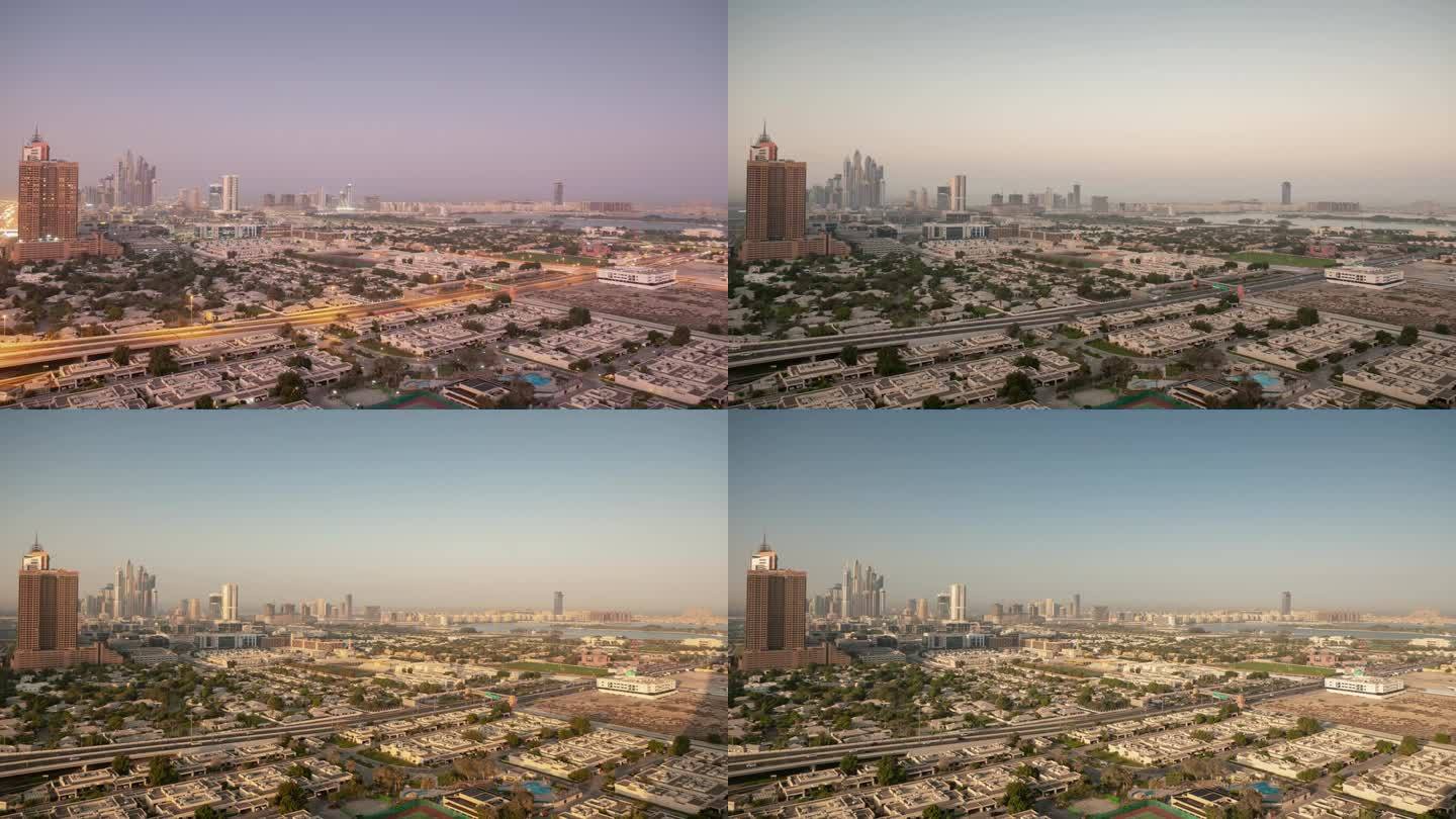 夜间迪拜城市私人住宅区码头区交通街道屋顶全景4k延时阿联酋