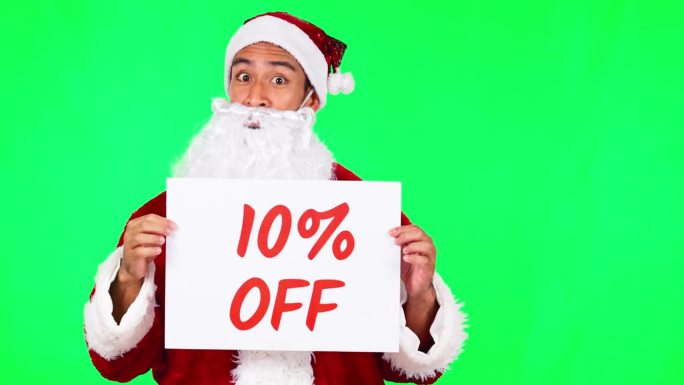 圣诞节，折扣海报和男子在绿色屏幕上的销售横幅假日，节日或庆祝活动。圣诞老人，节日和男性肖像，有储蓄，