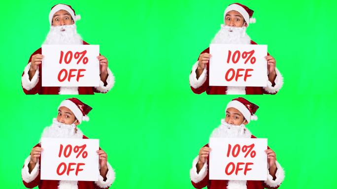 圣诞节，折扣海报和男子在绿色屏幕上的销售横幅假日，节日或庆祝活动。圣诞老人，节日和男性肖像，有储蓄，