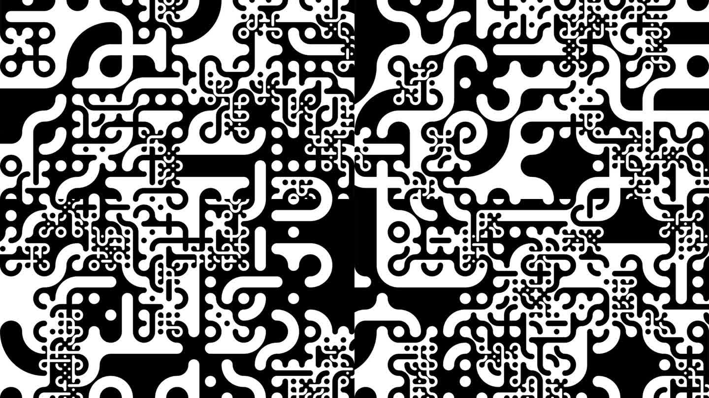 几何Truchet平铺循环。抽象的黑白背景。