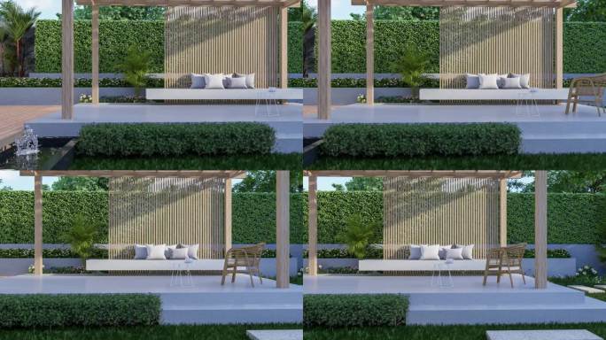 现代动画当代风格的绿色花园与木亭子3d渲染