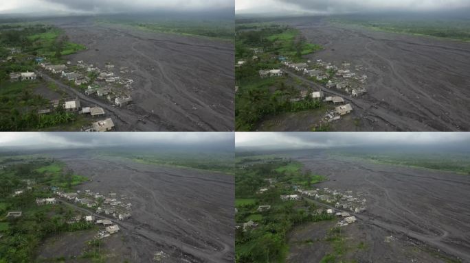 鸟瞰图:熔岩流将Curah Kobokan村埋在火山灰中