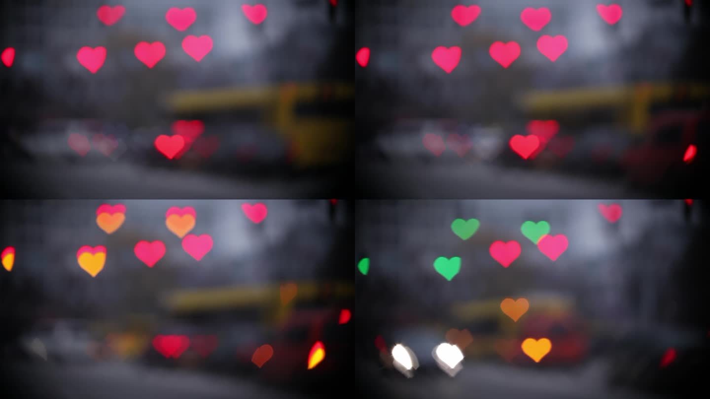 情人节前夕的城市景观，模糊的交通灯和心形的汽车