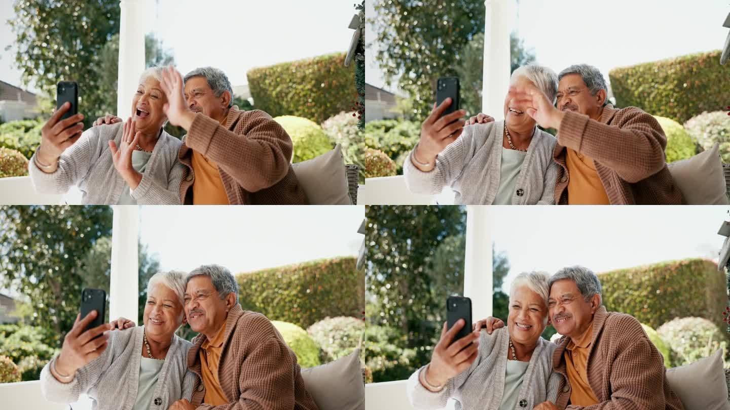 视频通话，微笑和老夫妇在花园呼吸新鲜空气，一起交流。快乐、科技和退休老人用手机进行虚拟对话