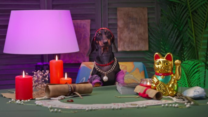 可疑的狗算命骗子坐在桌子上，拿着塔罗牌和蜡烛