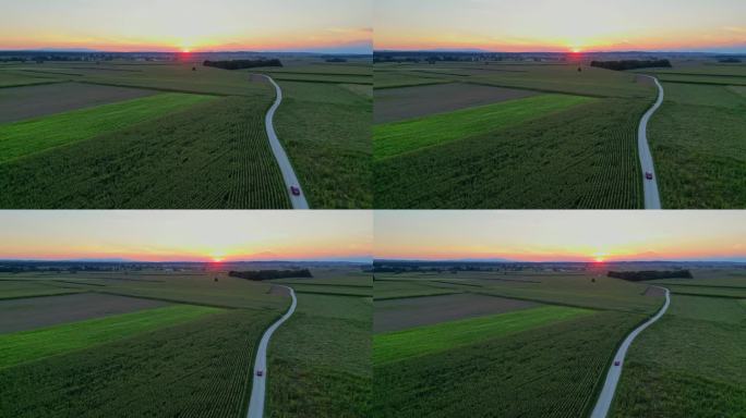 空中无人机镜头汽车通过狭窄的道路在郁郁葱葱的农业领域对天空在日落期间