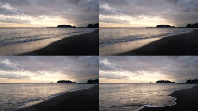 傍晚日落的日本神奈川县的江之岛海滩