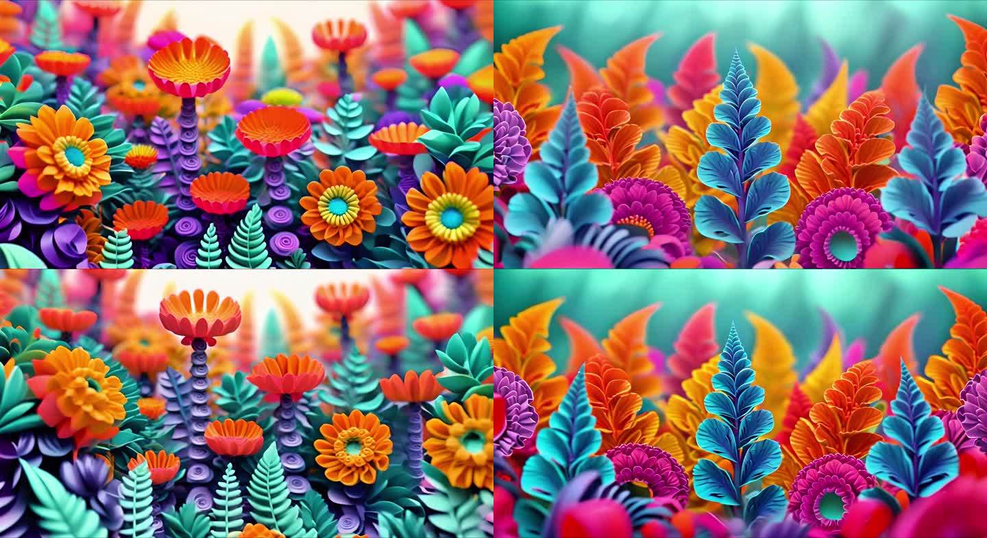 剪纸风格花朵插画植物装饰大屏
