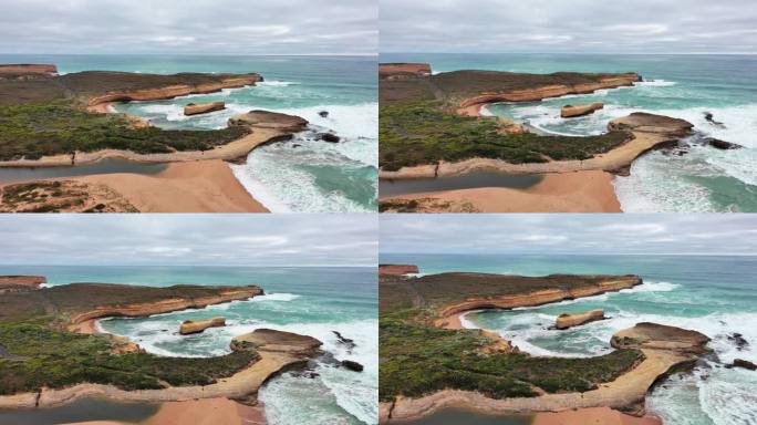 澳大利亚大洋路:鸟瞰著名的海滨公路、海浪、沙湾和雷洞附近的海滨小径