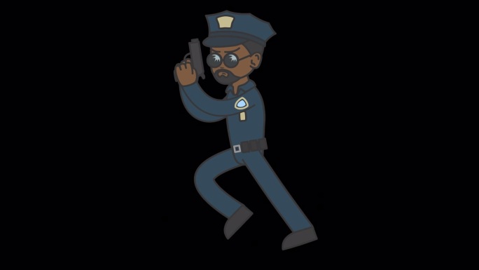 留着胡子的黑人男警察手里拿着枪跑了