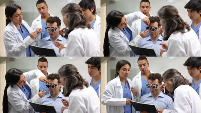 在老师的监督下，一群学生在给病人做检查时学习如何评估病人是否是色盲