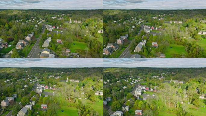 无人机拍摄的小镇在蒙哥马利县，宾夕法尼亚州阴天