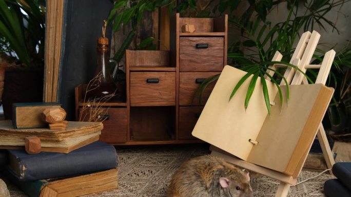 老鼠，打开的书，木制的抽屉柜。
