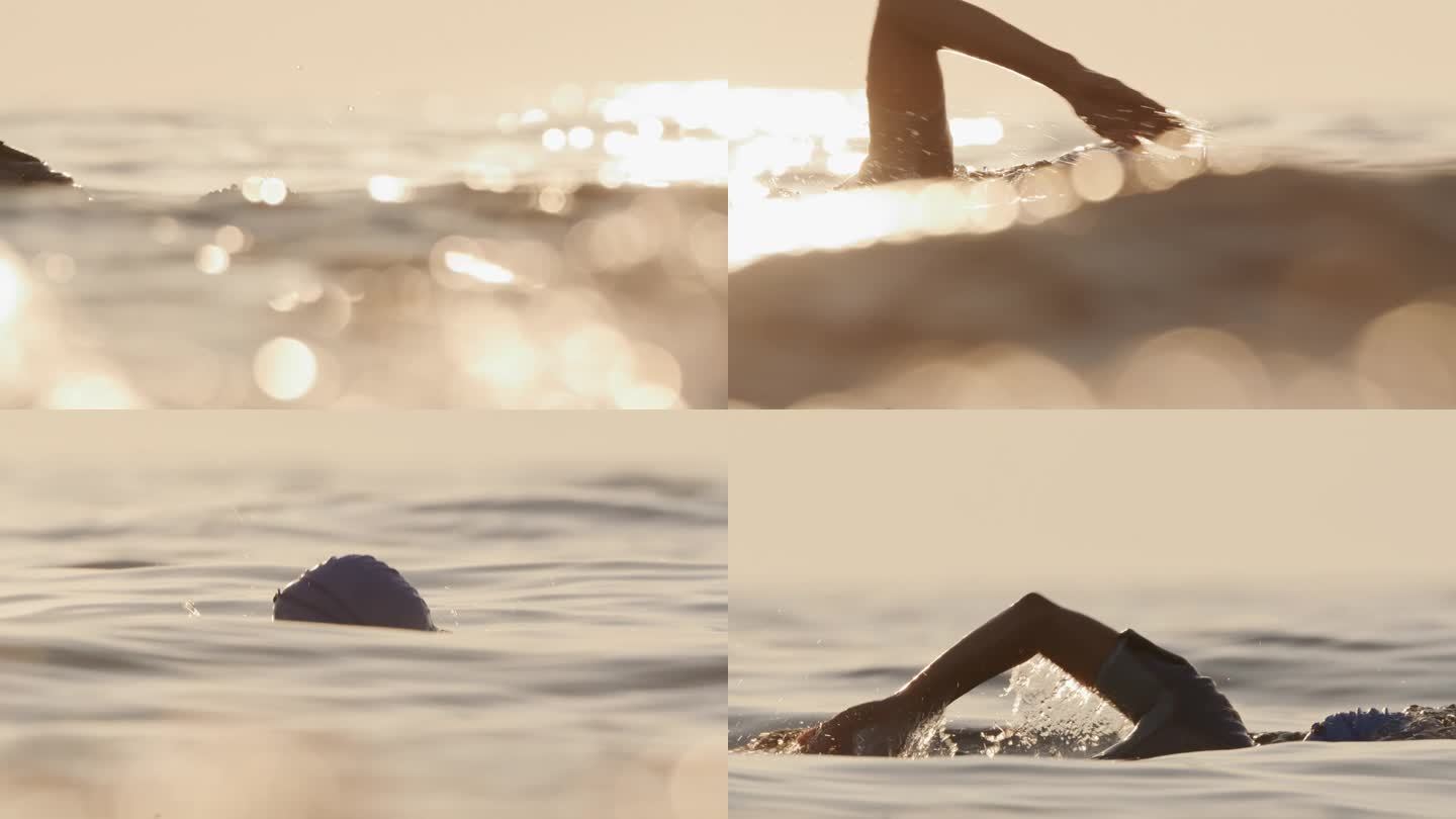 在假期的黄金时段，运动女子在海里游泳的慢镜头