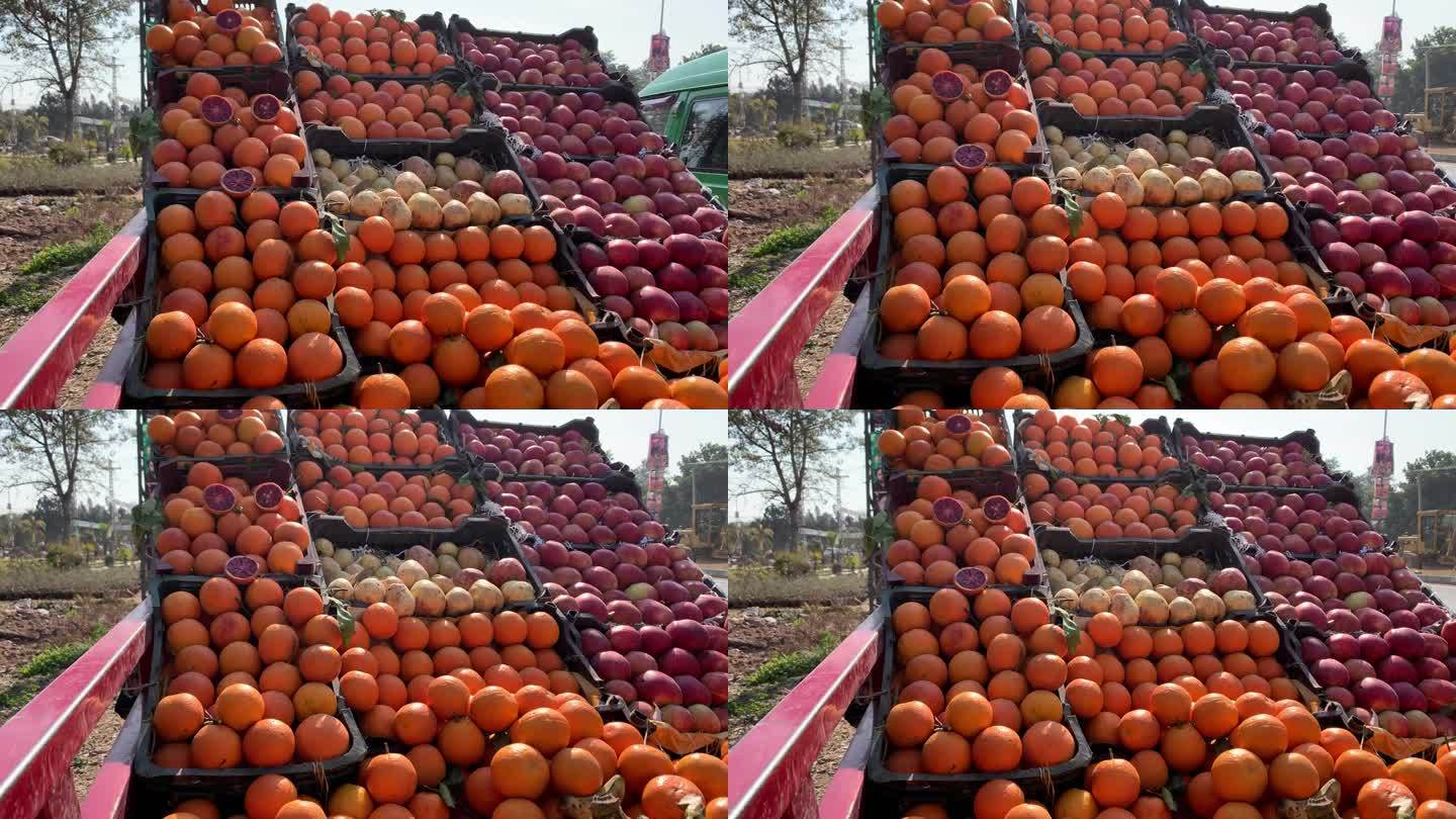 路边水果摊的篮子里装满了橙子、番石榴和红苹果。摊位上陈列着许多新鲜水果。