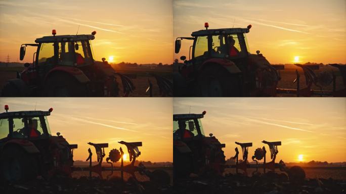 黄金时段，男性农场工人顶着天空，用拖拉机犁地