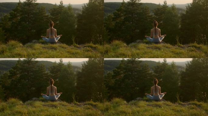 后视图美丽的年轻女子在岩石莲花姿势练习瑜伽在夏天的森林户外。