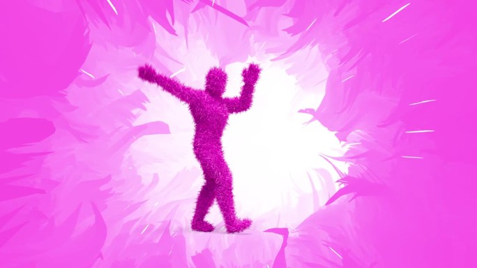 酷3D粉红色毛茸茸的舞者在舞台上。动画花卉背景。完美的循环。