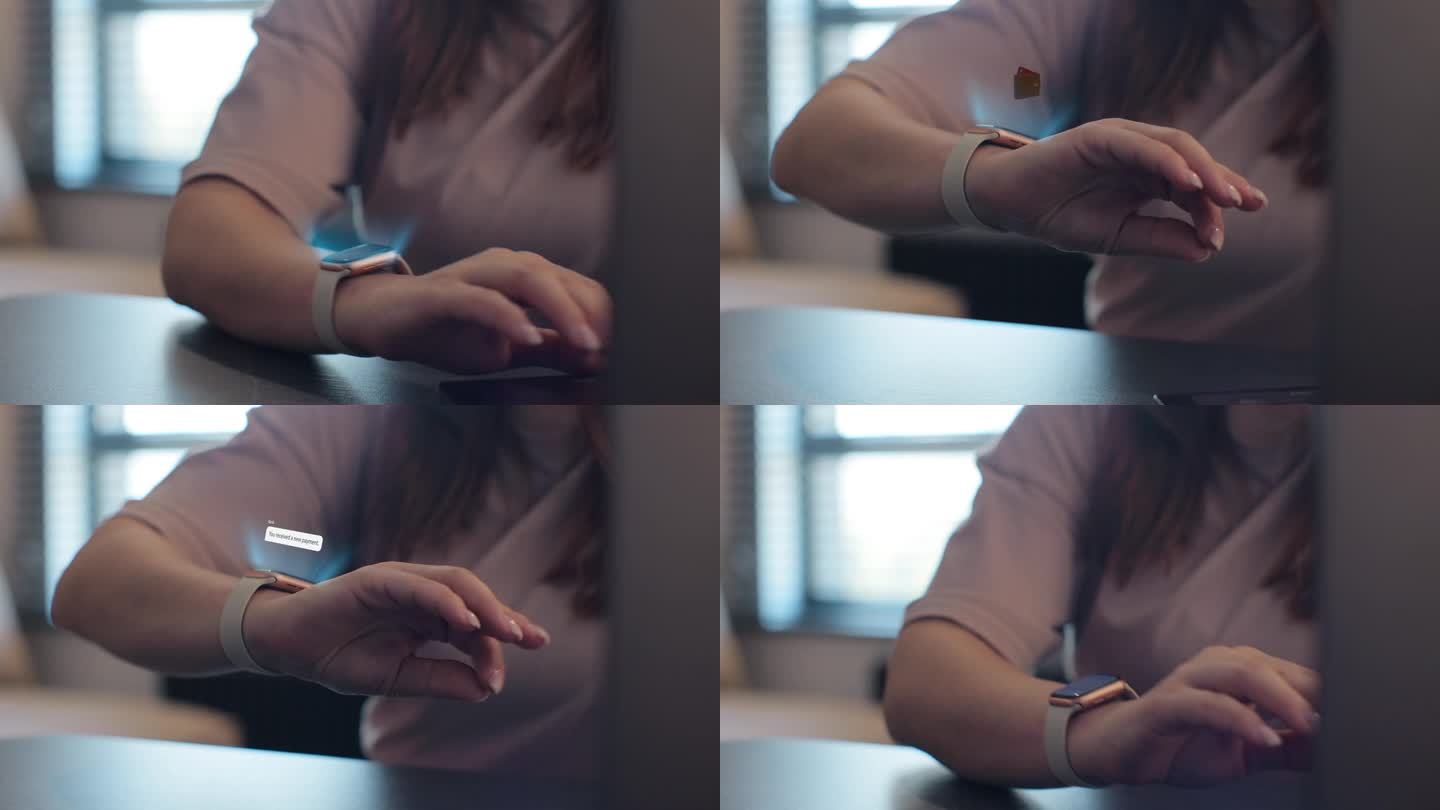 女性手指双击检查3d渲染智能手表上的传入通知，实现免提交互。年轻女子正在办公室的工作桌旁用笔记本电脑