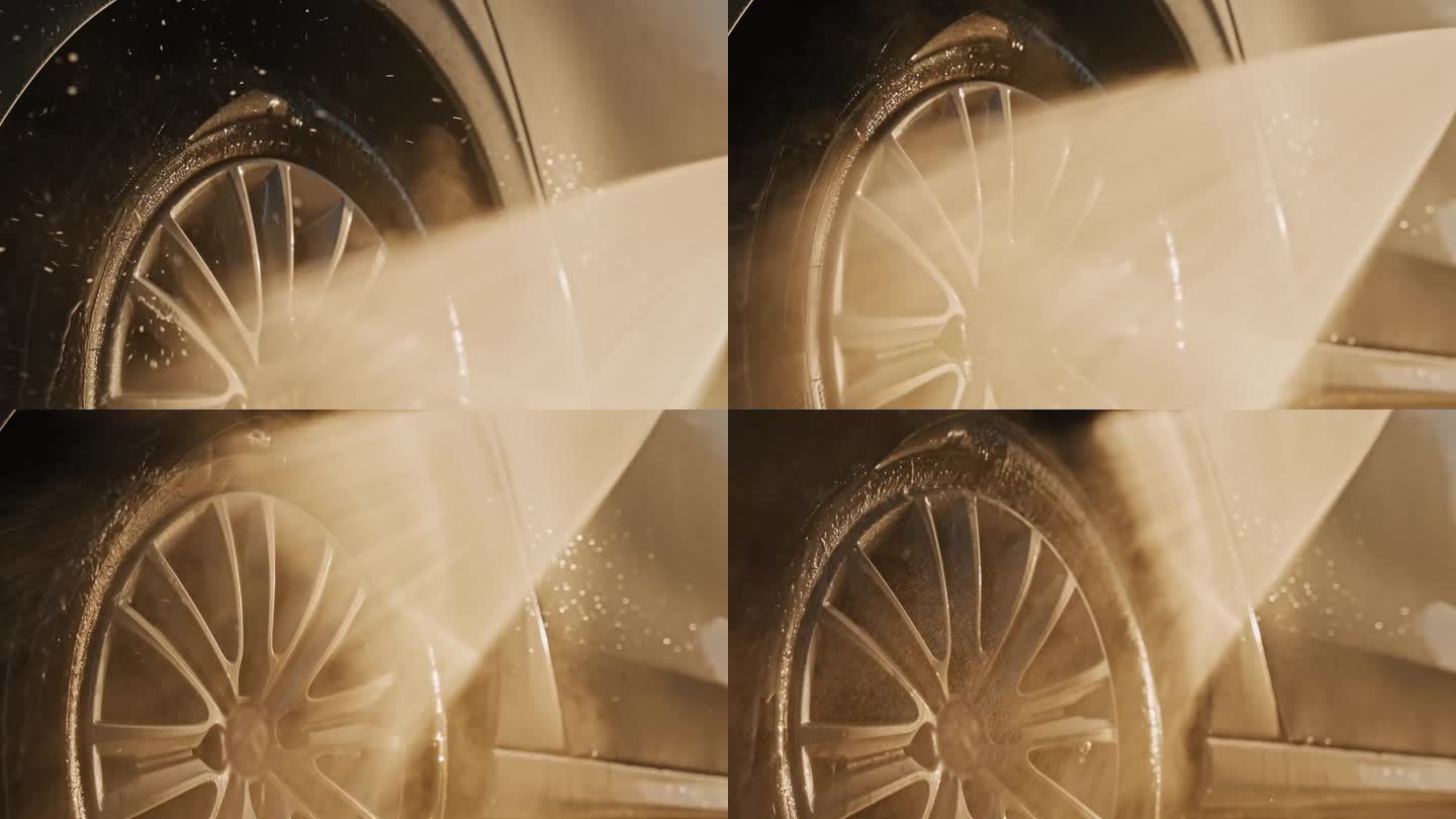 户外自助洗车站高压水射流冲洗汽车轮胎和轮辋的特写