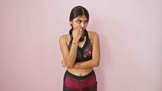 穿着运动服的年轻印度女子神情紧张，极度焦虑。咬指甲，紧握双手，胆怯而焦虑。孤立的粉红色背景。