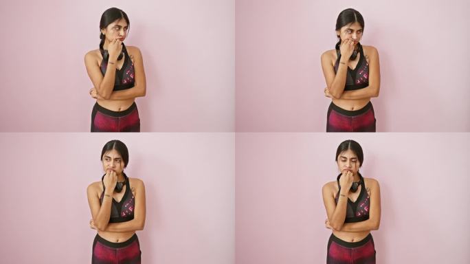 穿着运动服的年轻印度女子神情紧张，极度焦虑。咬指甲，紧握双手，胆怯而焦虑。孤立的粉红色背景。
