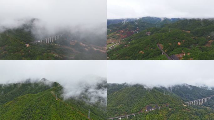 云雾中的大山和铁路航拍
